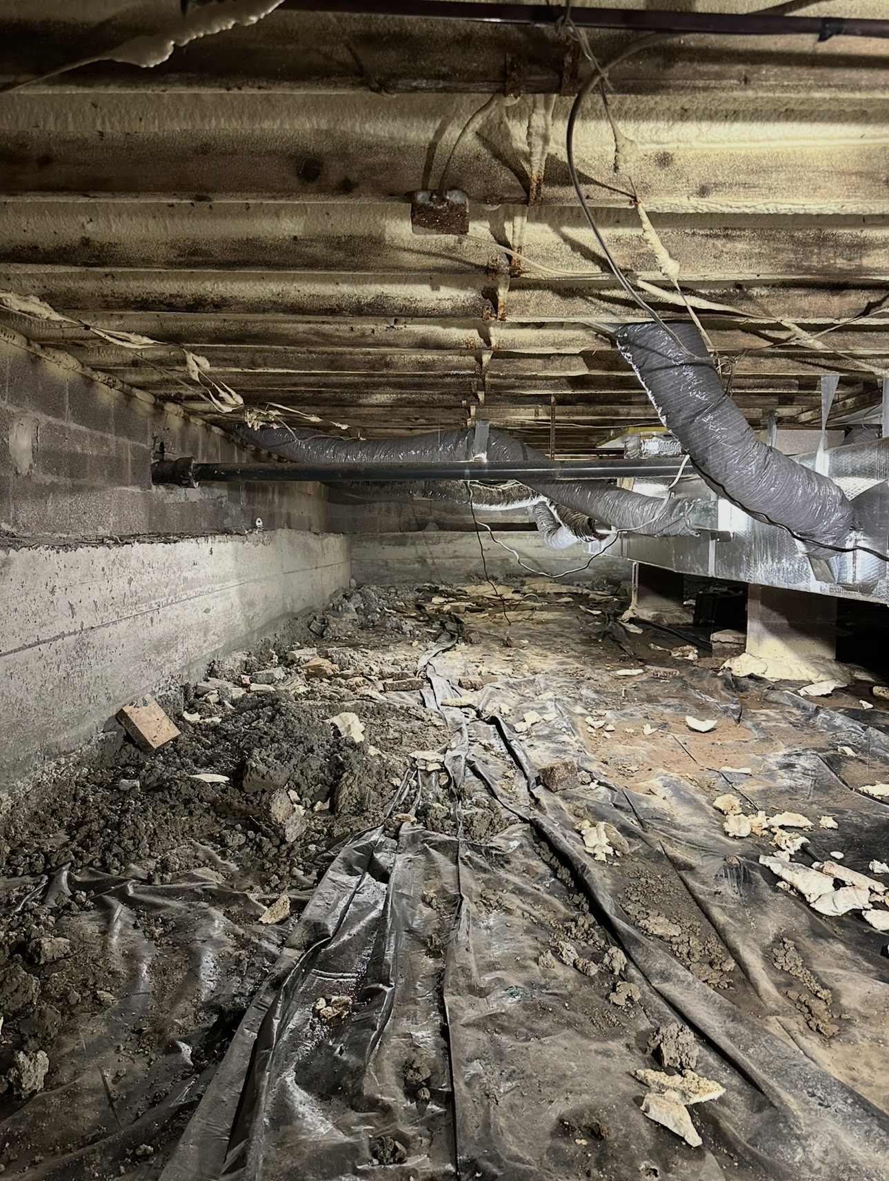 Before: Torn, Debris-Filled Crawlspace → Sealed Vapor Barrier System